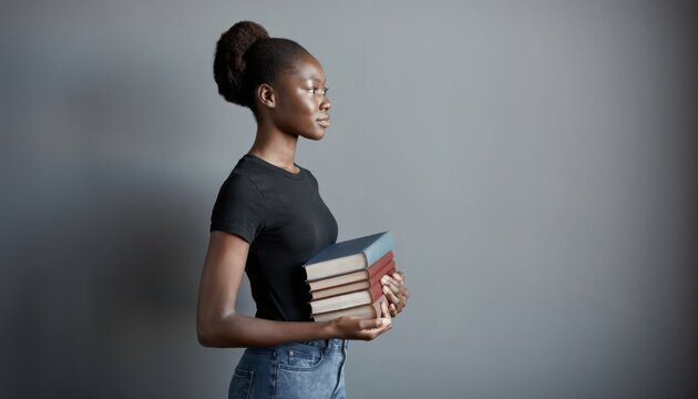 Young African American woman holding stack of books beside gray wall