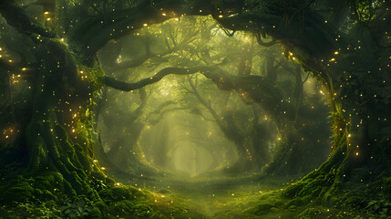 Obraz premium Enchanted forest pathway with glowing lights and dense greenery