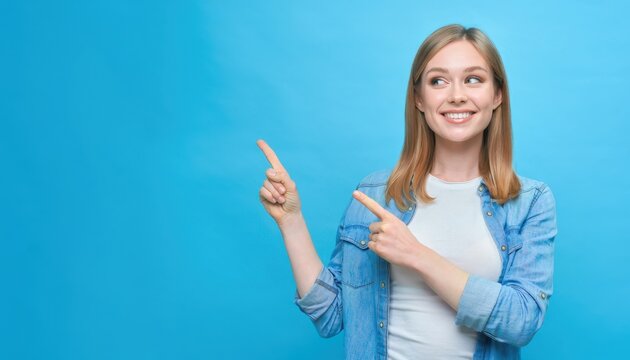 Smiling young woman pointing with both hands at blank space against blue background