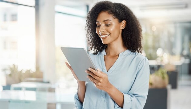 Smiling Young Woman Using Digital Tablet in Bright Modern Office Environment