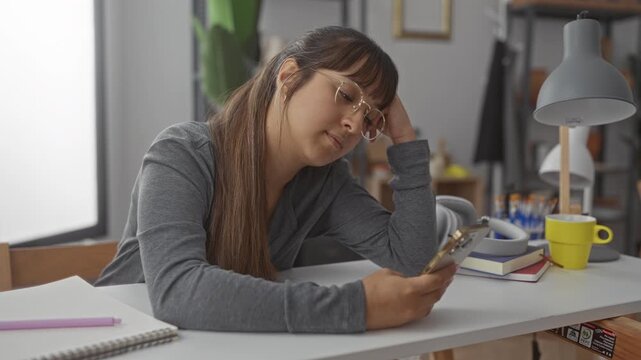 Young woman rests head on hand while scrolling a smartphone at a studio desk with notebooks and a yellow mug; tired focus.
