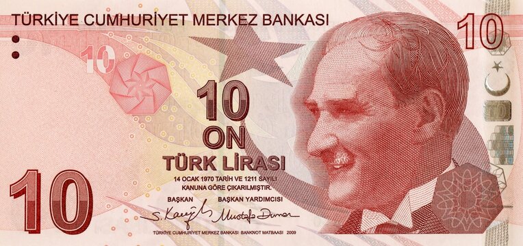Turkey 10 liras 2009, Mustafa Kemal Ataturk portrait. Turkish money currency close up