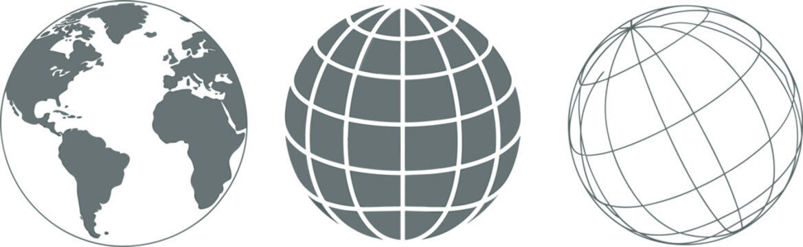 Global earth globe icons set, world map and wireframe sphere vector collection