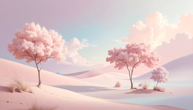 Pink blossom trees in pastel landscape scene