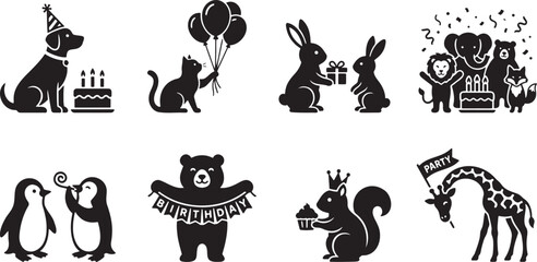 Fototapeta premium Happy animal characters celebrating birthday parties with cakes, gifts, and balloons