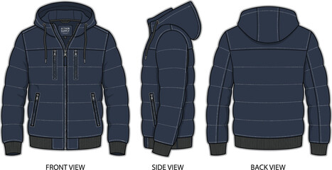 Men's hooded puffer jacket flat vector front side back views design template apparel clothing. © Emongrapic