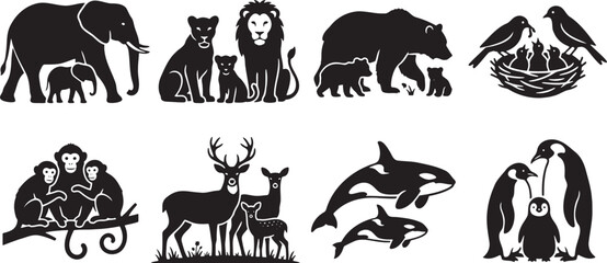 Fototapeta premium Affectionate wild animal families with mothers caring for their newborn babies