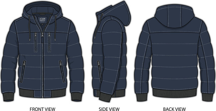 Men's hooded puffer jacket flat vector front side back views design template apparel clothing.