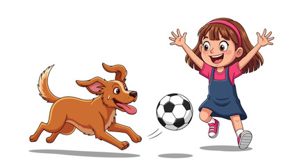 Little girl playing soccer with happy dog, fun childhood concept, illustration