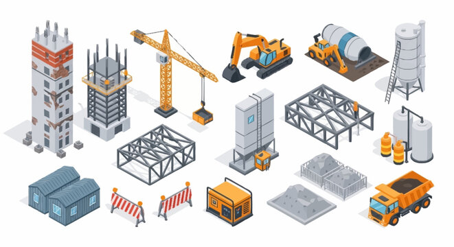 Colorful isometric construction site with machinery and buildings.