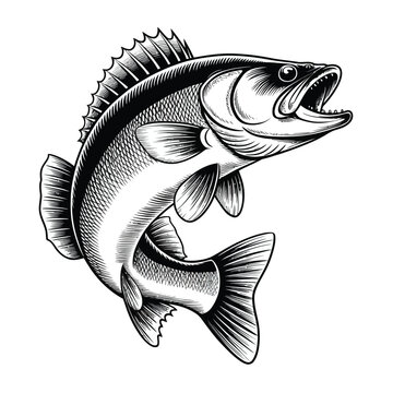 Detailed vector illustration of a walleye fish jumping isolated on a white background in vintage woodcut engraving style