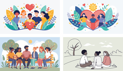 Fototapeta premium Diverse group of people embracing and connecting in colorful heart-shaped frames