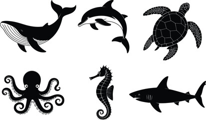 Marine animal silhouette collection, whale dolphin turtle octopus seahorse shark vector icon set © Al