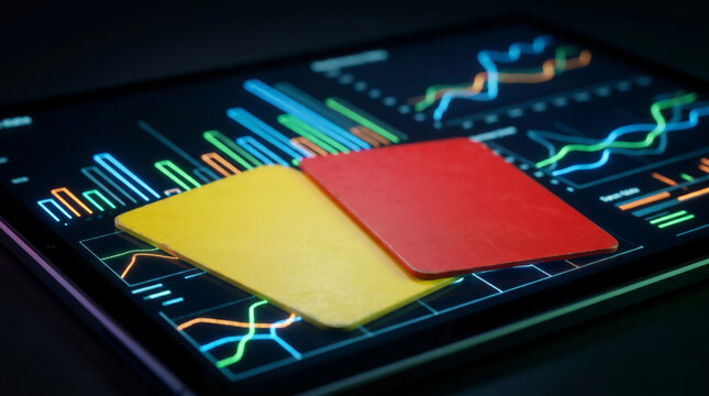 Close-up of soccer referee red and yellow cards resting on a digital tablet displaying sports analytics, xG statistics and betting data graphs, VAR concept, generative AI