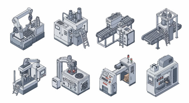 Collection of industrial machinery and factory equipment in isometric style.