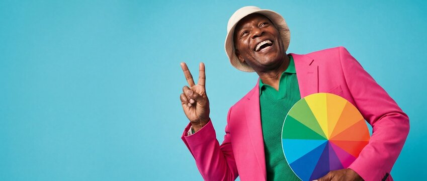 Happy senior black man laughing, holding color wheel and showing peace sign wearing pink blazer on blue background, joyful creative mature African American designer studio concept portrait web banner.