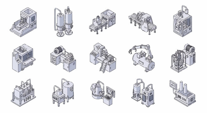 Isometric line art of various industrial machines and equipment.