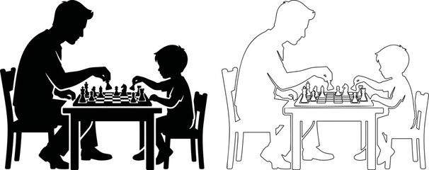 Fototapeta premium Father and child playing chess board game silhouette and line art, strategic thinking concept vector