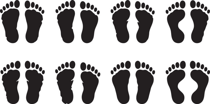 Pairs of human barefoot footprints walking and stepping forward in lines