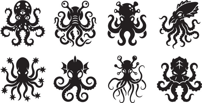 Terrifying multi tentacled kraken monsters and Cthulhu horror creature badges