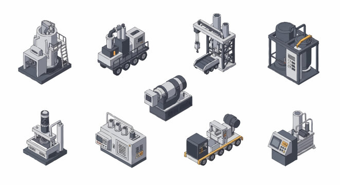 Isometric industrial machinery and equipment set in grayscale.