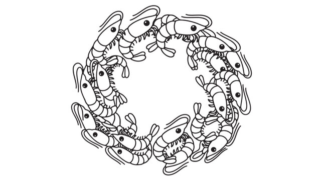 Minimalist shrimp circle frame vector, black and white prawn wreath illustration, seafood restaurant menu border, circular crustacean line art