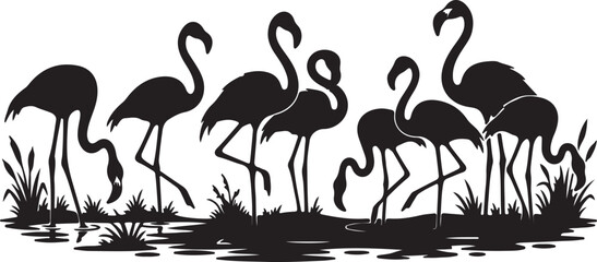Black silhouette flock of flamingos standing and feeding in a marshy wetland swamp lake © HAPY