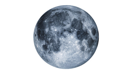 Detailed full moon with craters and maria, isolated on transparent background