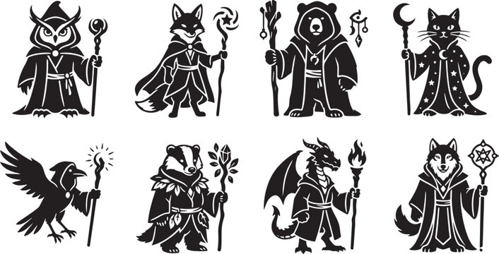 Anthropomorphic wizard animals wearing robes and holding magical staves