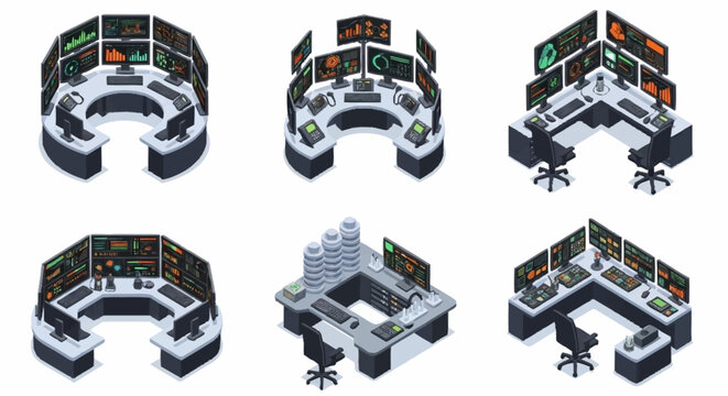 Set of isometric control rooms with multiple monitors and computer stations, illustrating technology and data monitoring.
