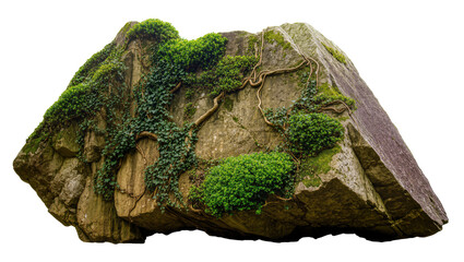 Large moss-covered boulder with ivy vines, isolated on transparent background © Elena