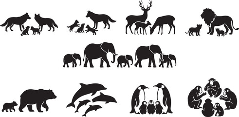 Fototapeta premium Wild animal families with mothers and cute baby cubs