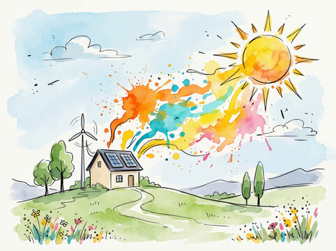 Ecological house with solar panels and wind turbine in landscape