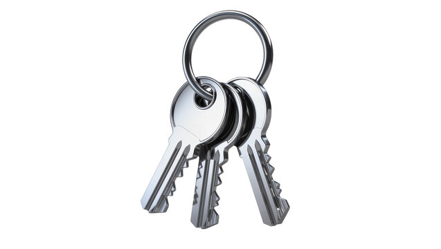 Set of three silver metal keys on a ring, isolated on transparent background