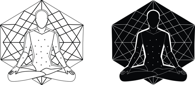 Abstract geometric man in lotus position, meditation, spiritual awakening, yoga practice, sacred geometry design element.