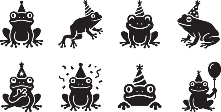Cute party frogs celebrating birthdays with festive conical hats