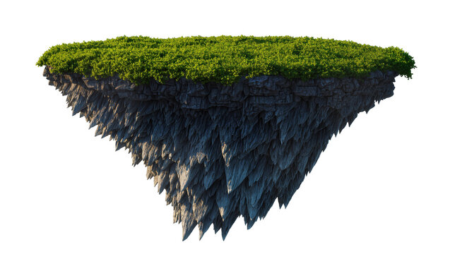 Floating island with green grass and rocky underside, isolated on transparent background