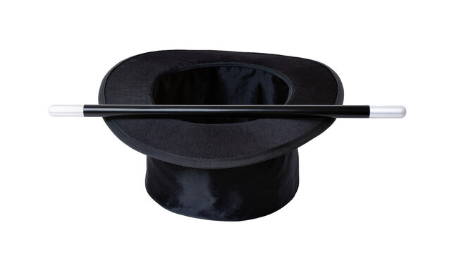 Black magician s top hat with magic wand resting across the brim, isolated on transparent background