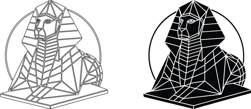 Egyptian sphinx geometric statue outline and solid icon set featuring stylized stone monument design in vector illustration.