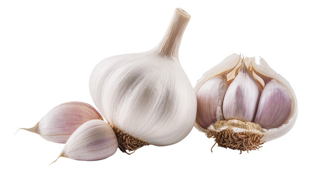 Whole and halved garlic bulbs with cloves, isolated on transparent background