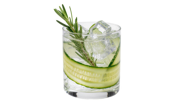 Refreshing gin cocktail with cucumber slices and rosemary sprig ice cubes, isolated on transparent background