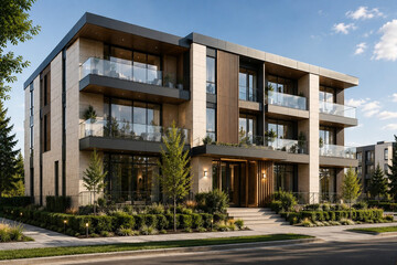 Fototapeta premium Modern luxury three story apartment building featuring natural travertine stone facade, thermo ash wood accents, large format porcelain panels, panoramic glazing and frameless glass balconies. Premium