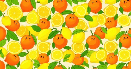 Fototapeta premium Lovely colorful vector seamless pattern with cute oranges, lemons and leaves in bright colors. 