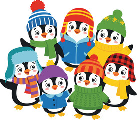Fototapeta premium Group of cute cartoon penguins wearing colorful winter hats scarfs and sweaters