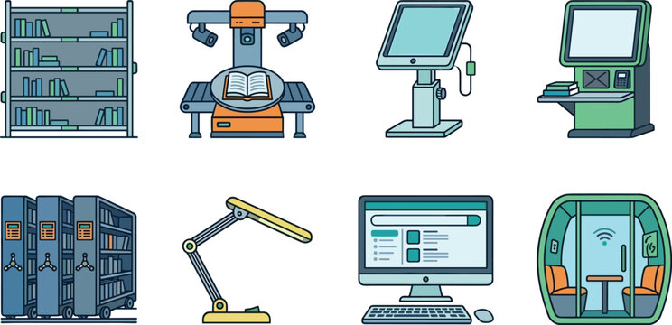 Smart Library and Digital Learning Colored Icons Set with Automated Library Technology Systems