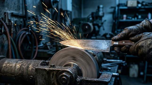 Blacksmith sharpening knife with sparks flying in a workshop