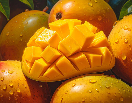 Ripe mango chunks on fresh fruit background