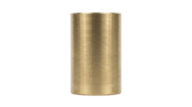 Brushed brass cylindrical container with reflective surface on plain background.
