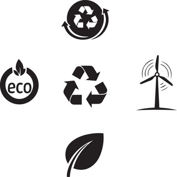 Recycling and Eco Friendly Silhouette Icon Set with Leaves, Recycle Symbols, and Wind Turbine