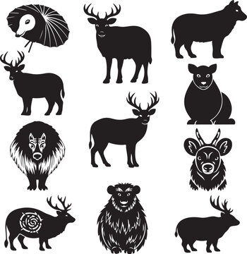 Black silhouette animals set vector design, wild animal stencils icon collection on white background